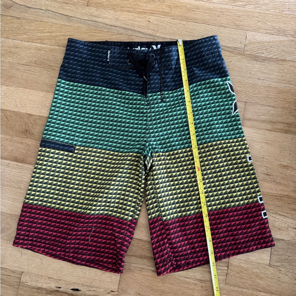 Hurley Boys Black, Green, Yellow & Red Stripe Swim Trunks